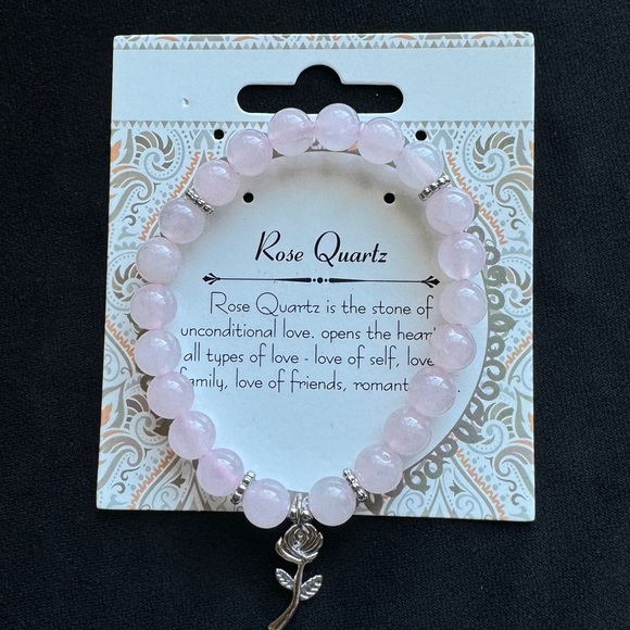 New Healing Stone Rose Quartz Bead Silver Plate Rose Charm Stretch Bracelet Calm - Picture 5 of 8